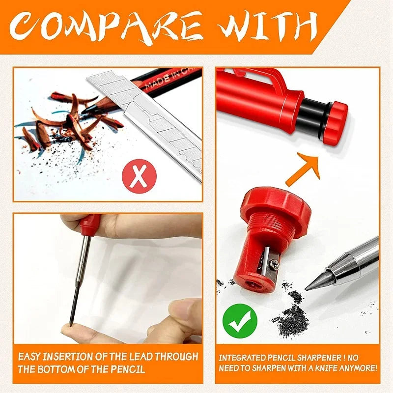 Lápiz de Carpintero Sólido con Minas de Repuesto y Sacapuntas Integrado – Marcador Mecánico para Agujeros Profundos
