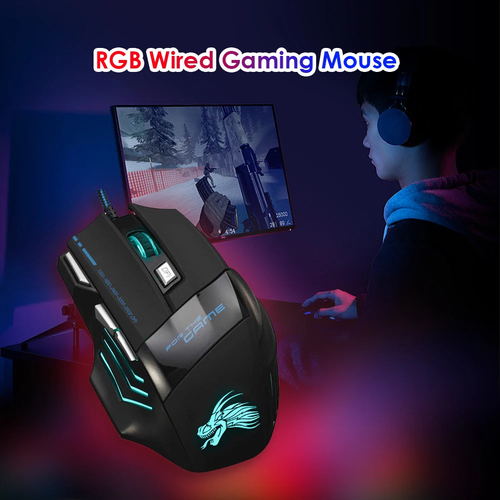 Mouse Gaming USB con Cable – 7 Botones, Retroiluminado RGB, 5500 DPI, Ergonómico, Óptico, para PC y Consolas