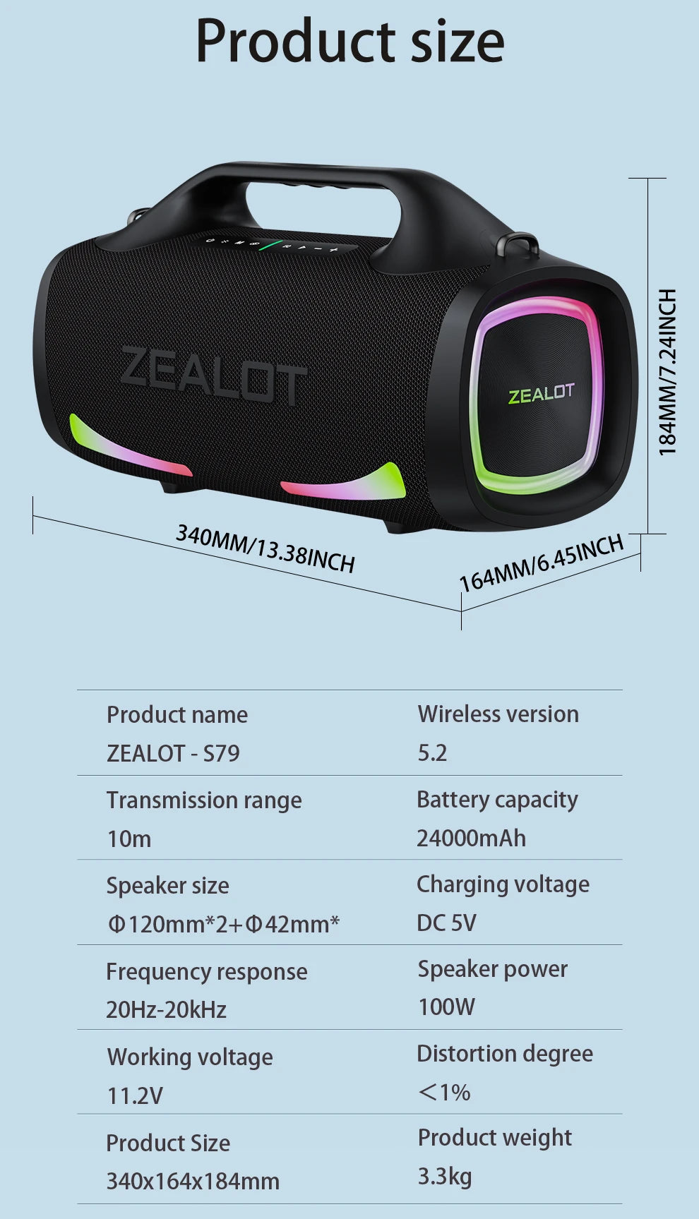 Altavoz Bluetooth Portátil ZEALOT S79 — 100W Subwoofer con Batería 24000mAh IPX6