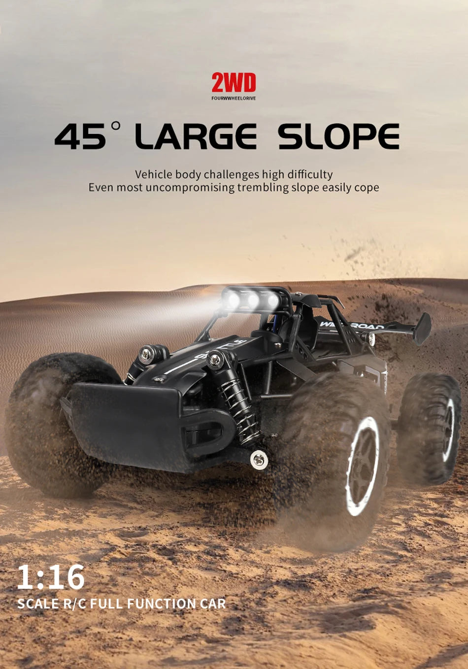 RC Car 1:16 2WD – Coche RC Off-Road con LED, Alta Velocidad 20KM/H para Niños