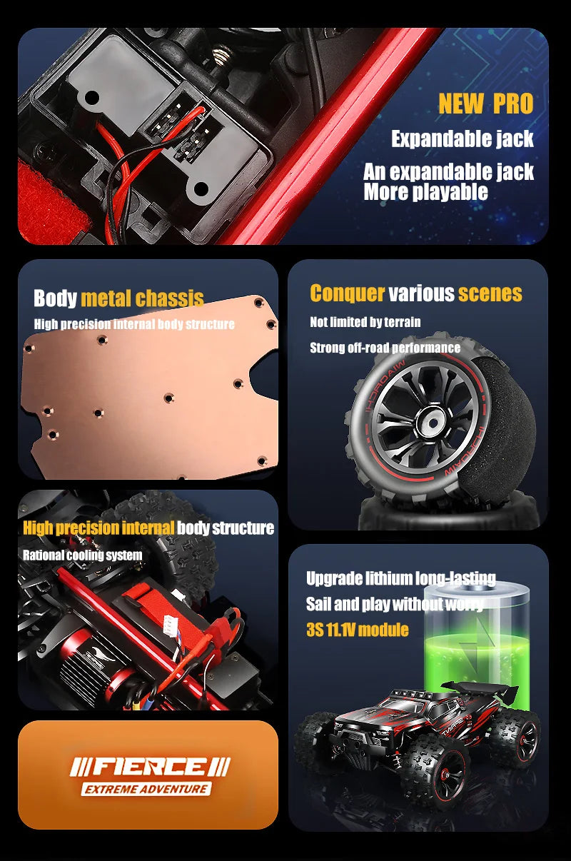 RC Car 1:16 4WD – Monster Drift Truck con LED, Alta Velocidad 50/85KM/H para Niños