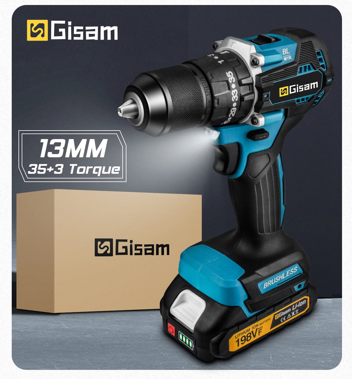 Taladro Atornillador Inalámbrico Gisam 65N.m – 13MM Brushless