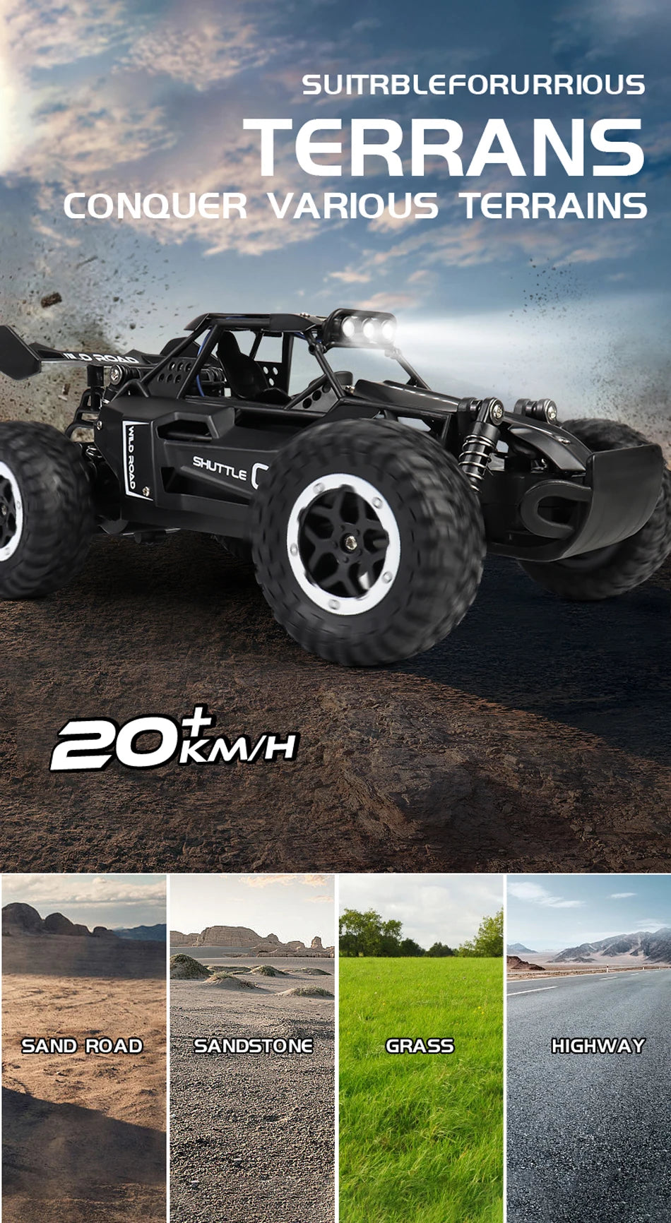 RC Car 1:16 2WD – Coche RC Off-Road con LED, Alta Velocidad 20KM/H para Niños