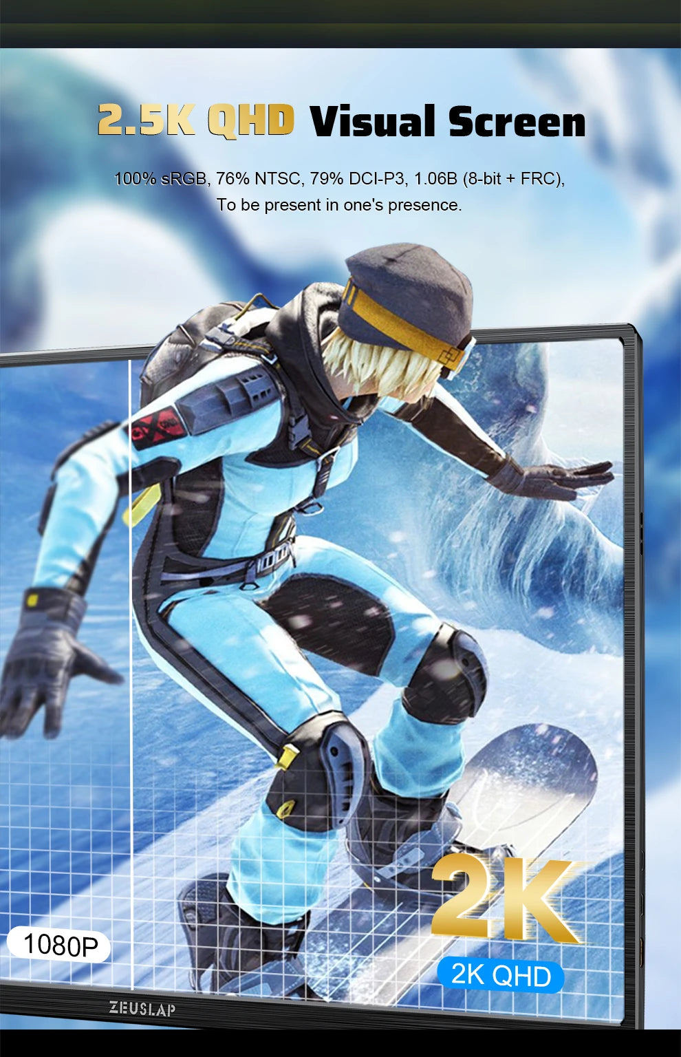 ZEUSLAP 16" 2.5K 144Hz Portable Monitor — 2560×1600, 100% sRGB, 500cd/m², 16:10, para PS4/PS5, Xbox, Switch, Laptop
