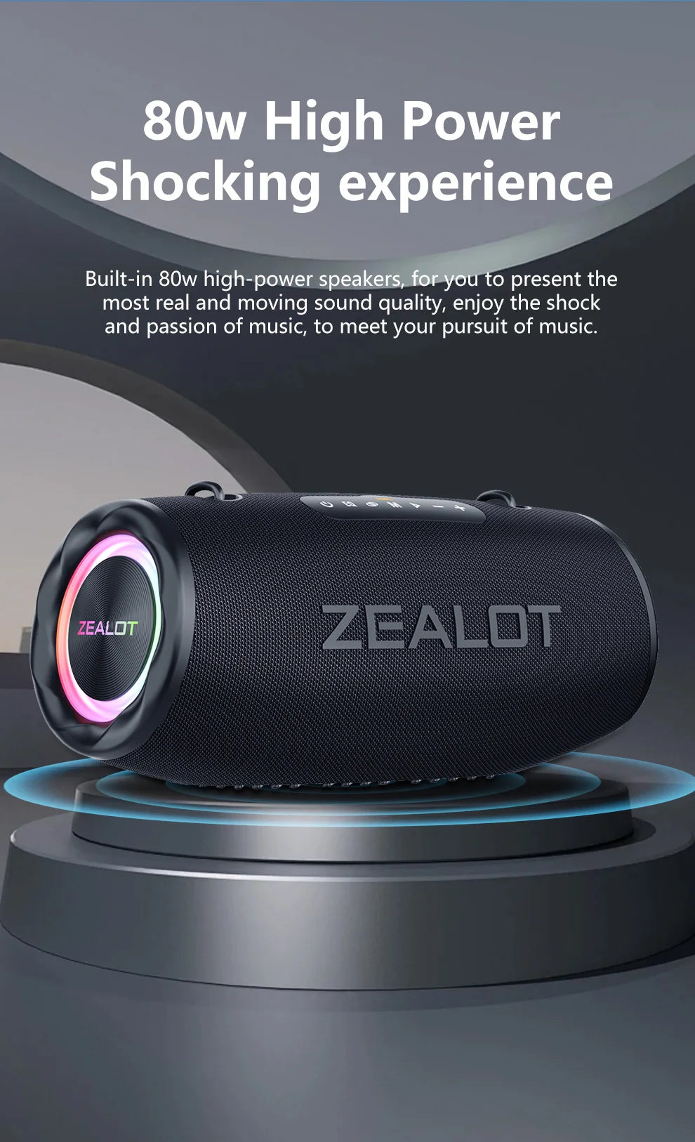 Altavoz Bluetooth Portátil ZEALOT S87 — 80W IPX6 Resistente al Agua con Subwoofer