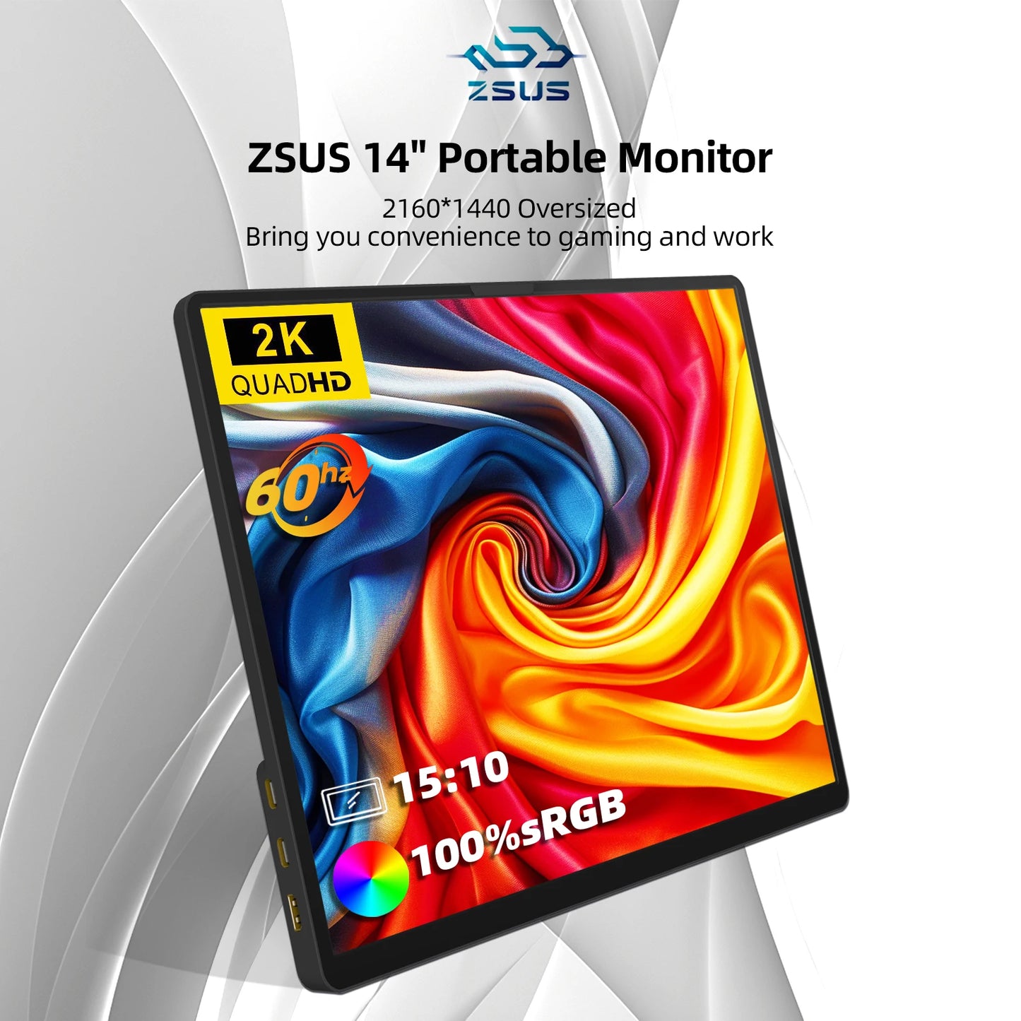 ZSUS 14" 2K Portable Monitor – 2160x1440, 60Hz, 100% sRGB, HDR10, USB-C, HDMI, Built-in Speakers