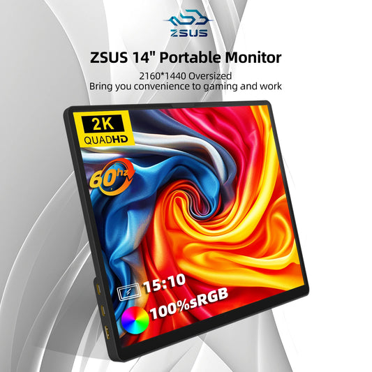 ZSUS 14" 2K Portable Monitor – 2160x1440, 60Hz, 100% sRGB, HDR10, USB-C, HDMI, Built-in Speakers