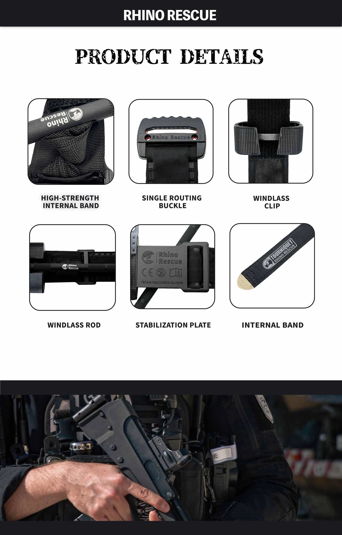 Torniquete Táctico Rhino Rescue CE Aprobado – Varilla Metálica para Primeros Auxilios y Emergencias