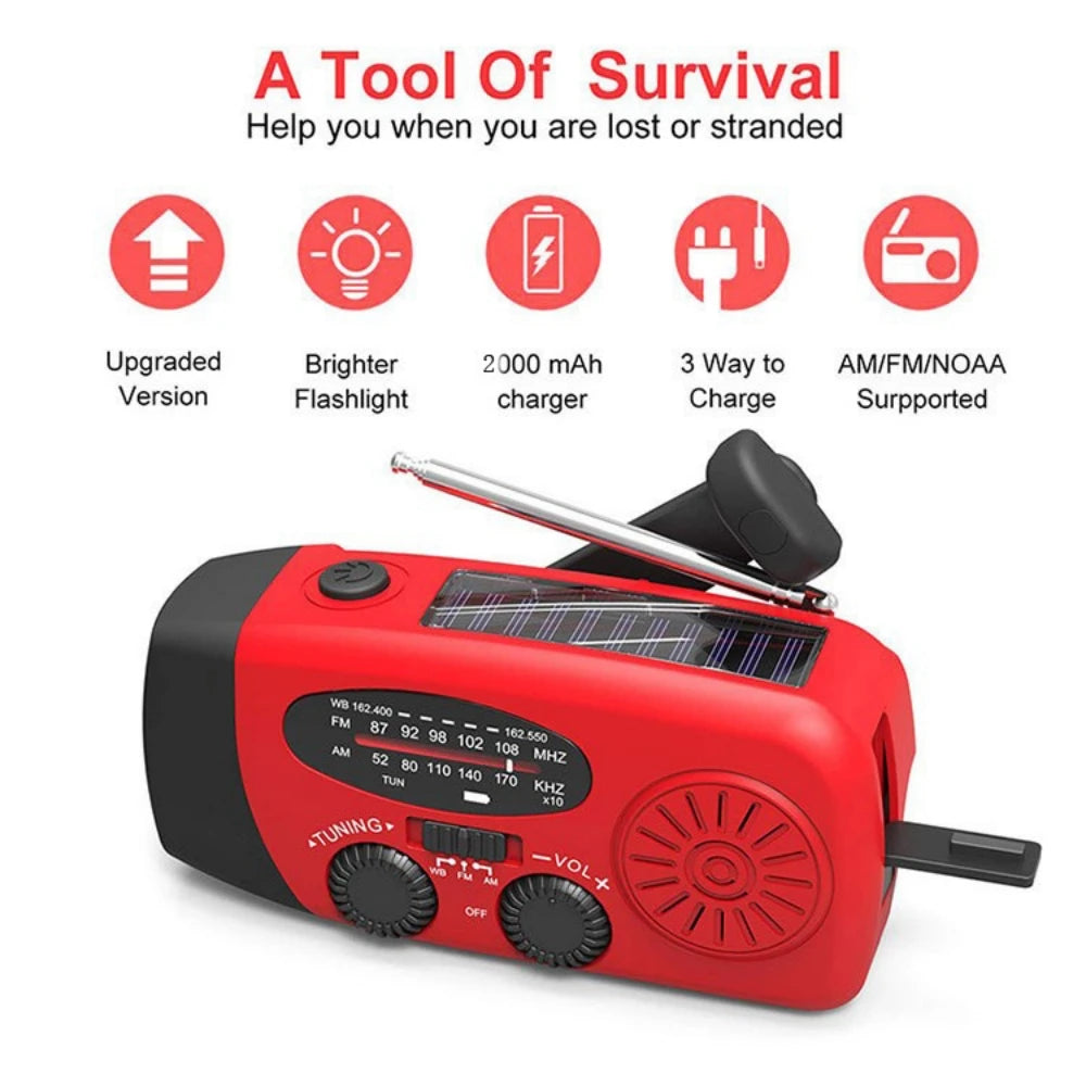 Radio Solar de Emergencia | FM/AM/WB NOAA, Linterna LED y Power Bank 2000mAh