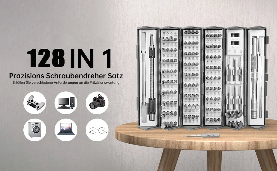 Kit de Destornilladores de Precisión 128 en 1 con Eje Magnético Flexible – Herramientas Profesionales para Reparación de PC, iPhone, Reloj y Cámara