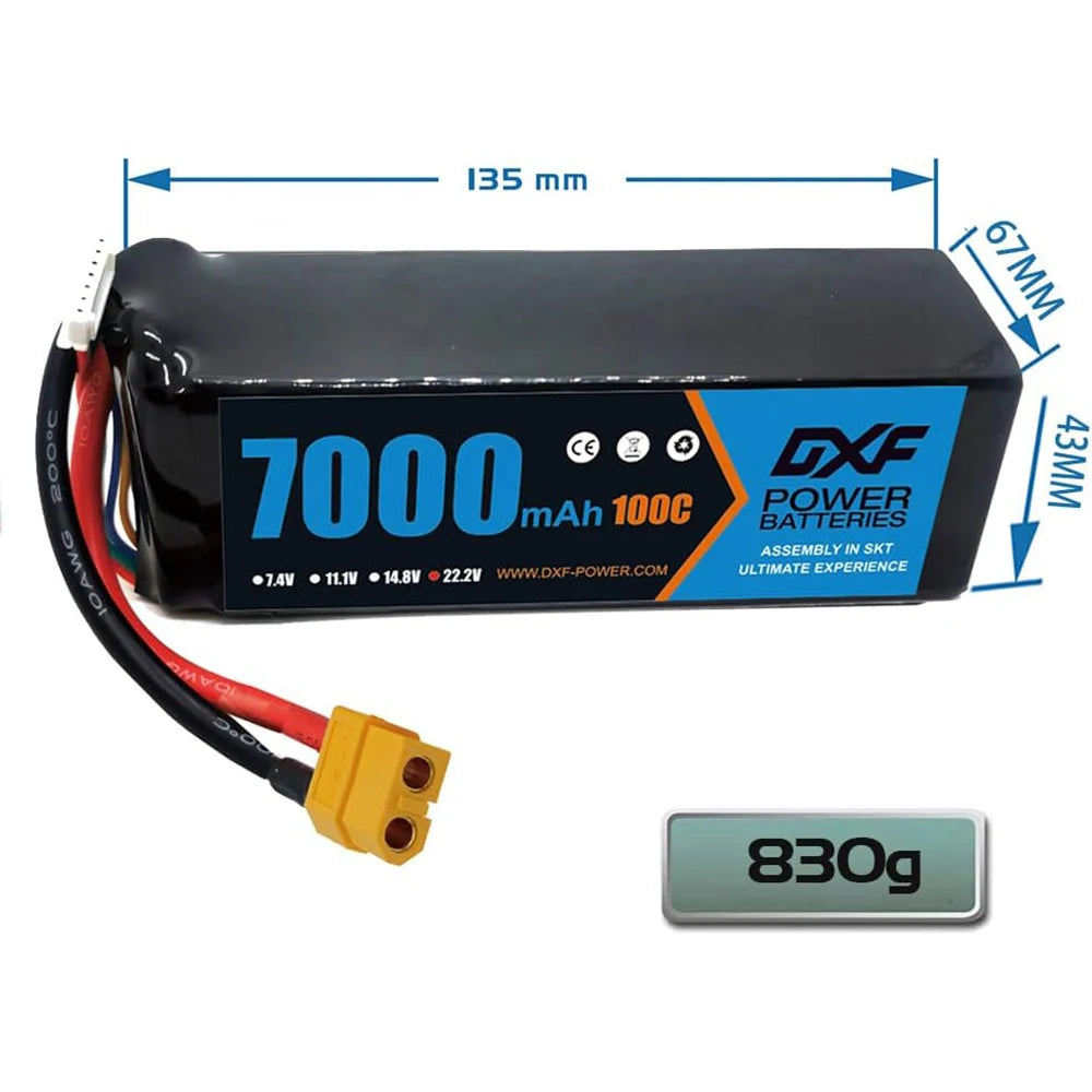 Batería DXF 6S LiPo 22.2V 100C 7000mAh XT60 – Potencia para RC, Drones y Coches de Carreras