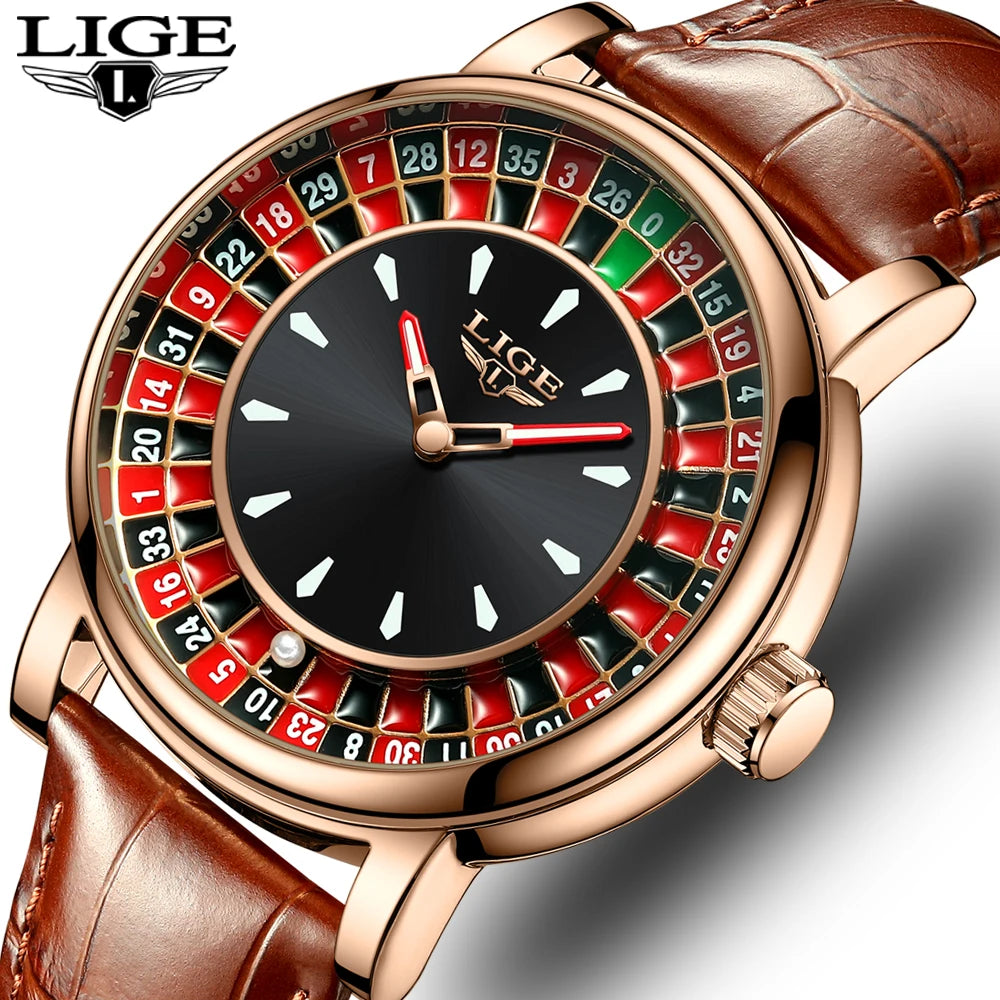Reloj LIGE de Cuero Marrón – Diseño Ruleta de Las Vegas