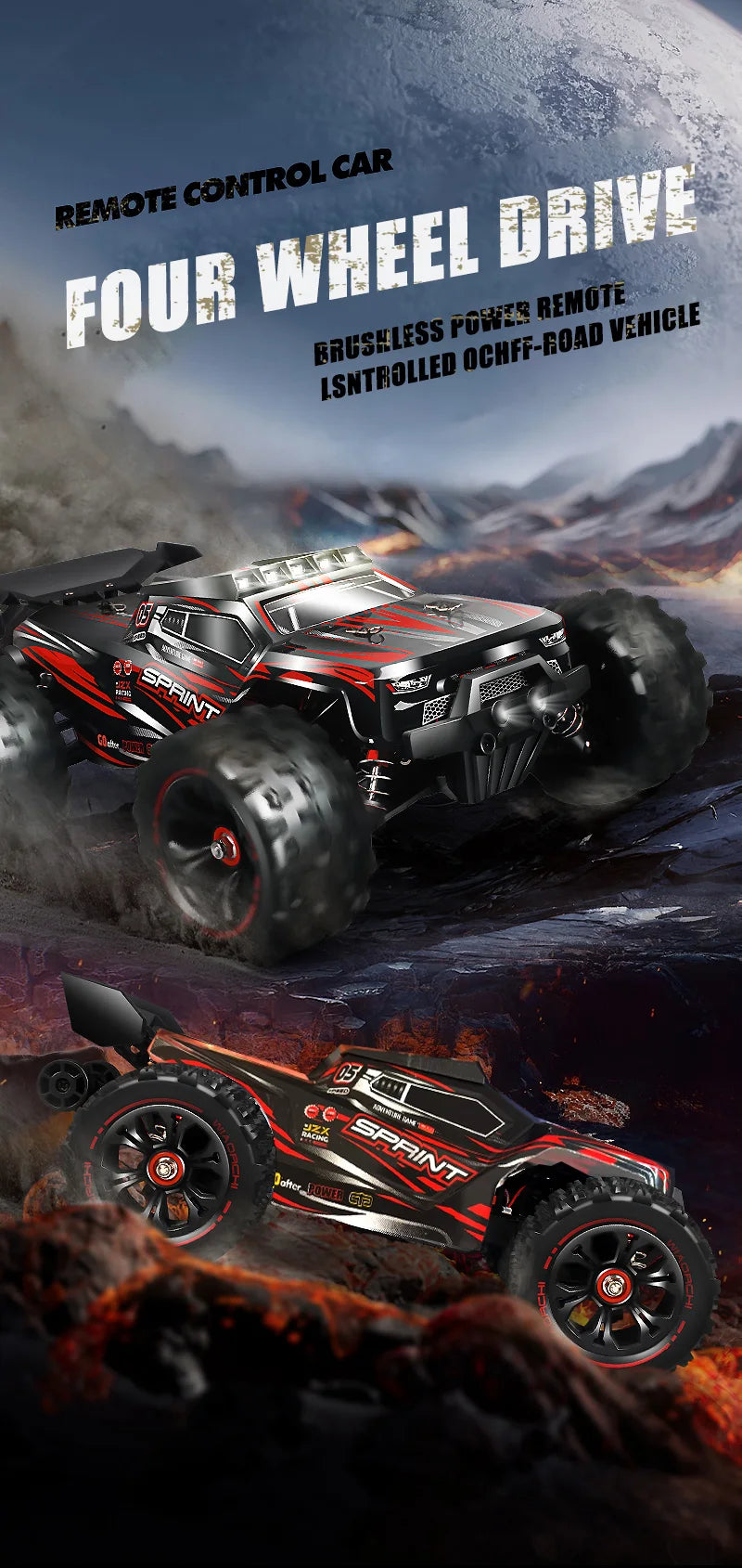 RC Car 1:16 4WD – Monster Drift Truck con LED, Alta Velocidad 50/85KM/H para Niños