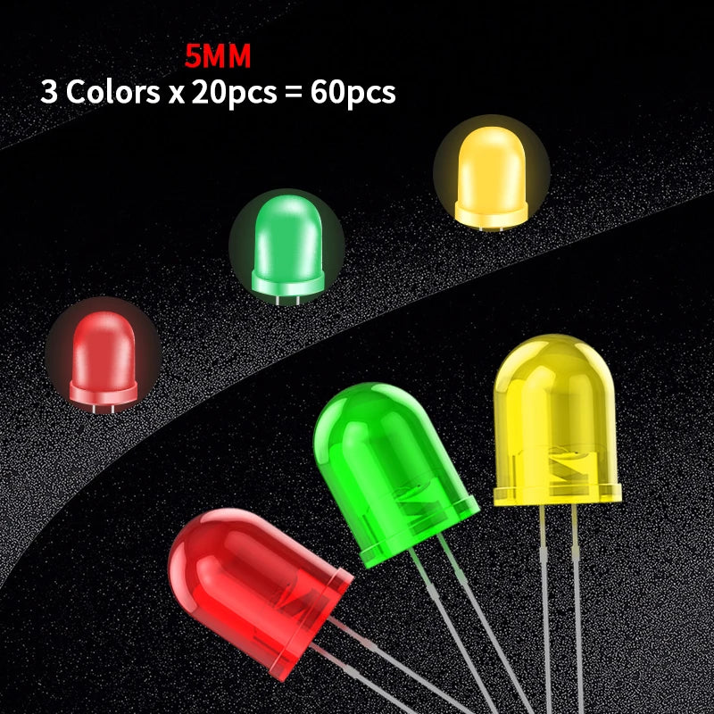Kit de Diodos LED 5mm Multicolor – Luces Blanco, Rojo, Azul, Verde y Amarillo para Proyectos Electrónicos