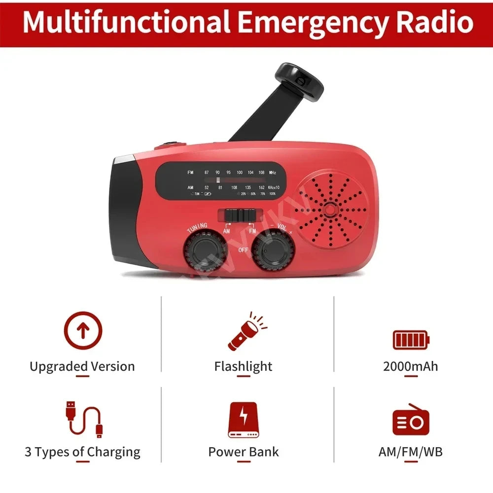 Radio Solar de Emergencia | FM/AM/WB NOAA, Linterna LED y Power Bank 2000mAh